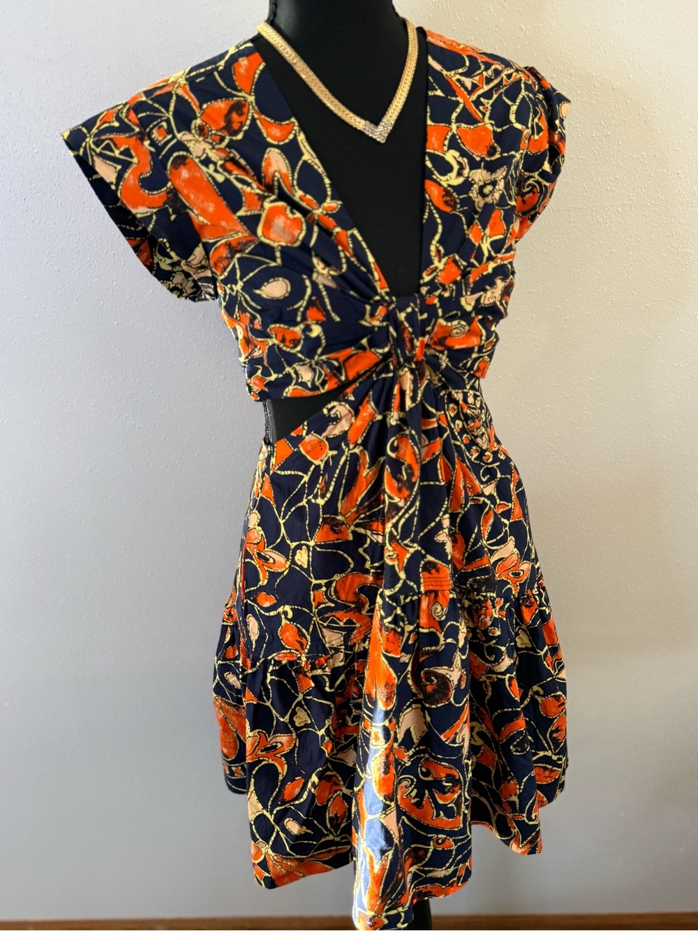 A.L.C. Printed Cotton Dress Size 2 Navy Orange Boho Tie Front Mini - Picture 2 of 11